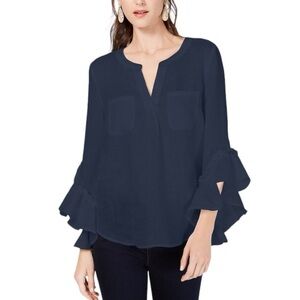 NWT INC Ruffle-Sleeve Linen-Blend Top Sz M